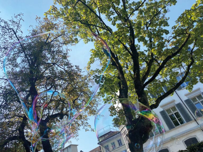 Seifenblasen schweben zwischen grünen Bäumen, dahinter das Suneboge-Haus.